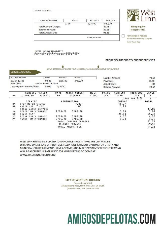 imprimível Modelo de conta de serviços públicos da cidade de West Linn, Oregon, EUA, em formato Word e PDF